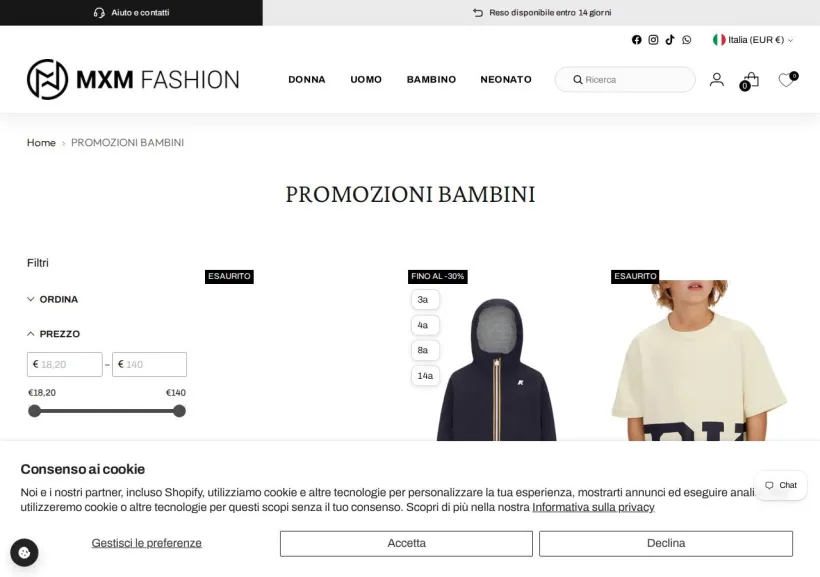 Schermata della pagina offerta di MXM Fashion