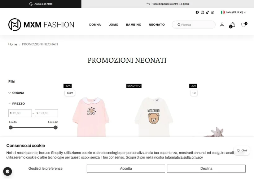 Schermata della pagina offerta di MXM Fashion