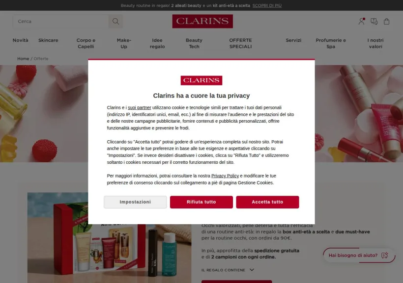 Schermata della pagina offerta di Clarins