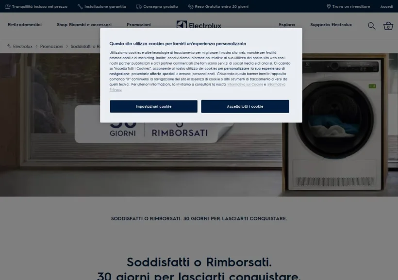 Schermata della pagina offerta di Shop Electrolux