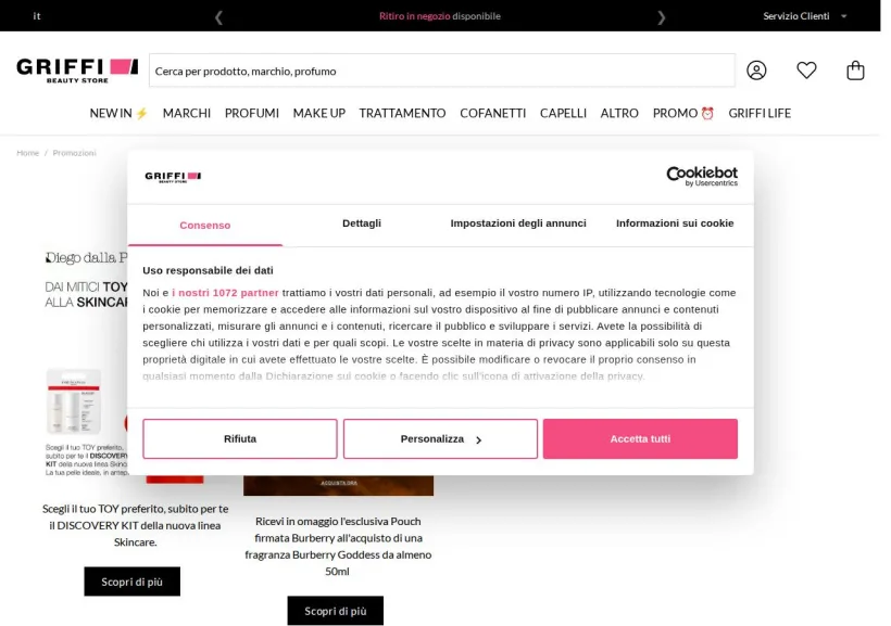 Schermata della pagina offerta di Griffi