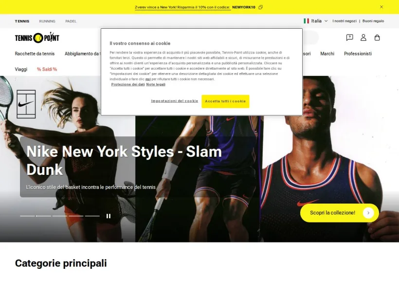 Schermata della pagina offerta di Tennis Point
