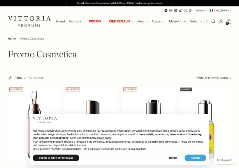 Schermata della pagina offerta di Vittoria Profumi