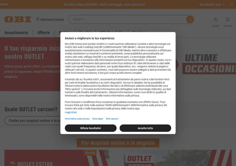 Schermata della pagina offerta di OBI