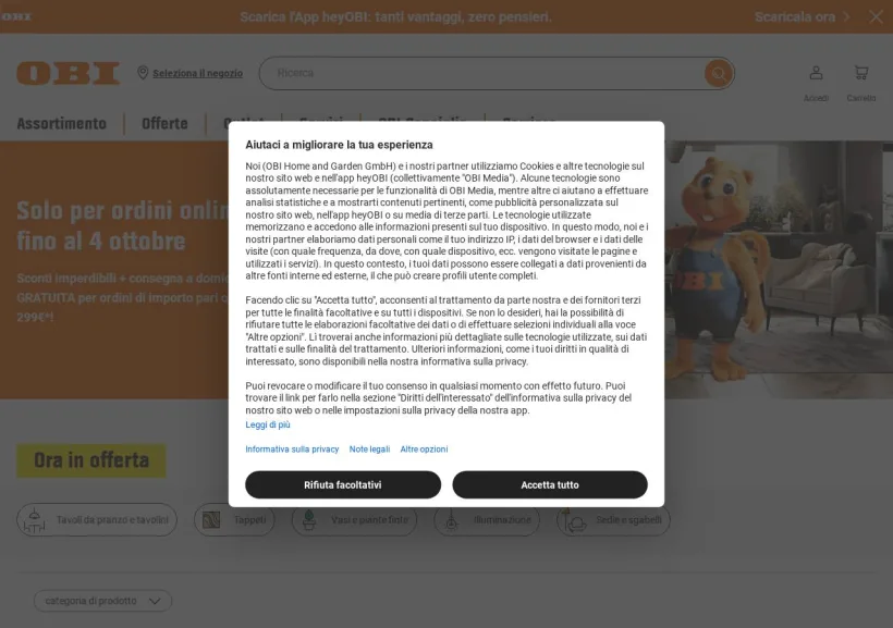 Schermata della pagina offerta di OBI