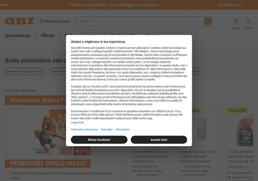 Schermata della pagina offerta di OBI