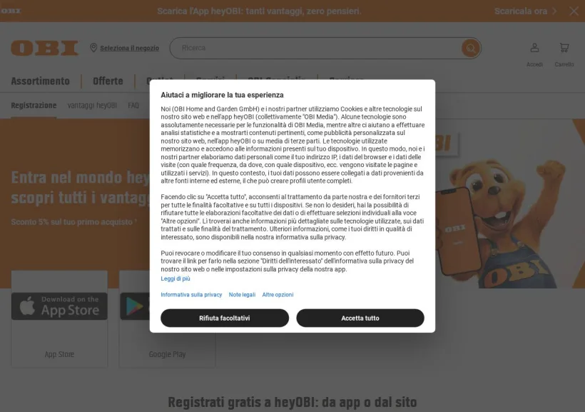 Schermata della pagina offerta di OBI
