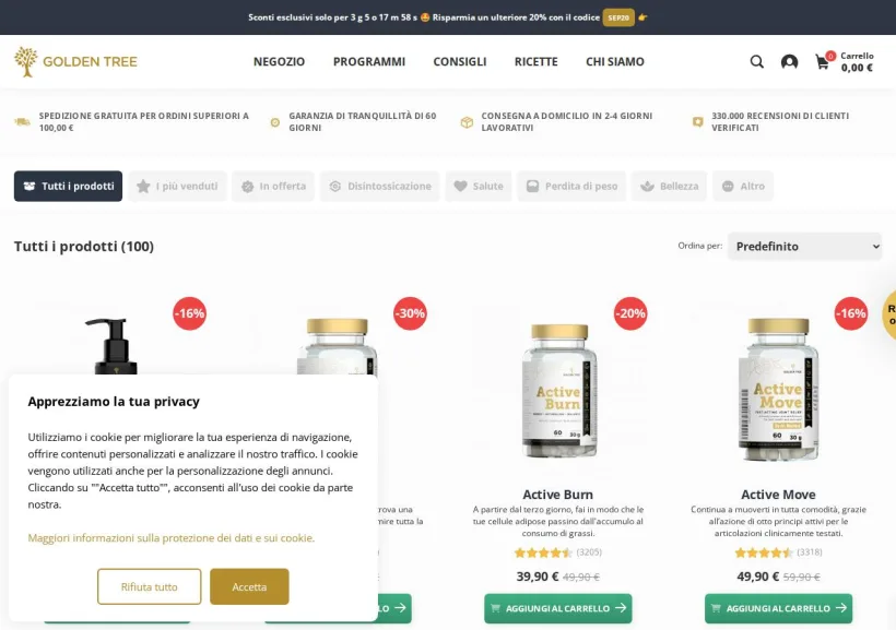 Schermata della pagina offerta di Golden Tree