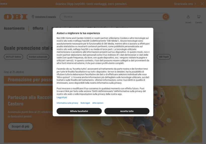 Schermata della pagina offerta di OBI Italia