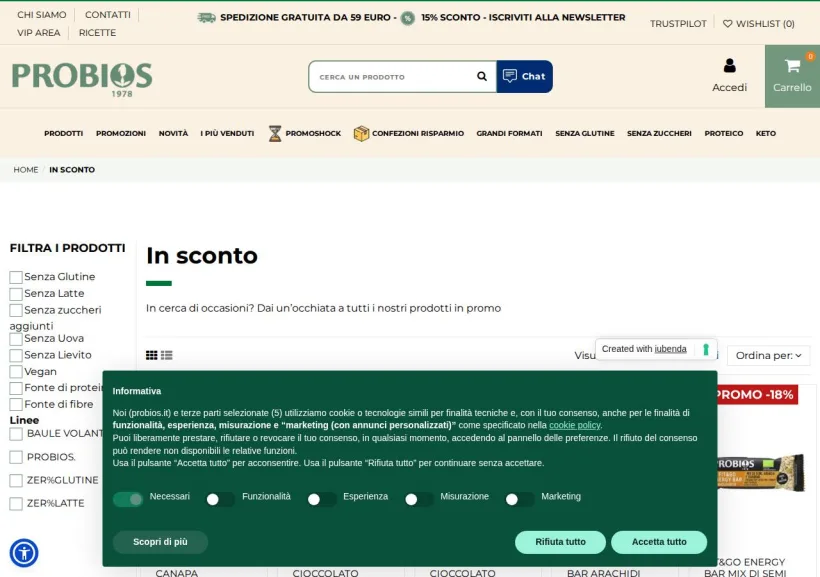 Schermata della pagina offerta di Probios