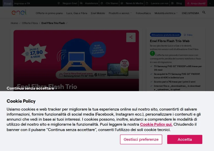 Schermata della pagina offerta di Enel