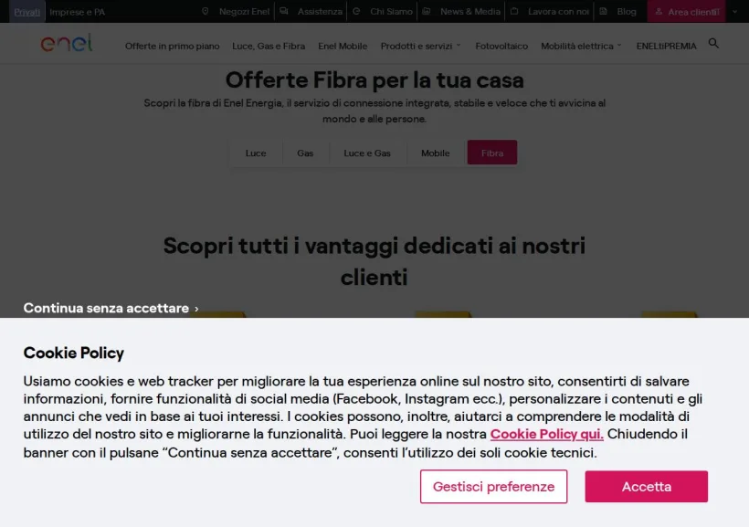 Schermata della pagina offerta di Enel