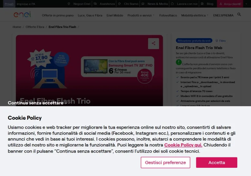 Schermata della pagina offerta di Enel