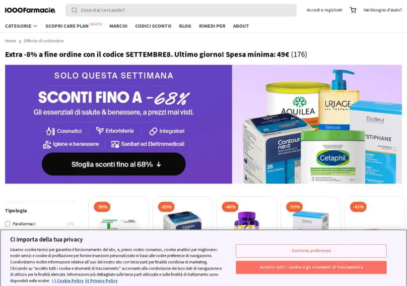 Schermata della pagina offerta di 1000Farmacie