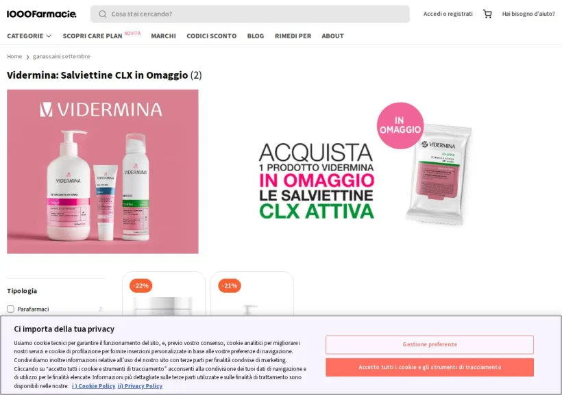 Schermata della pagina offerta di 1000Farmacie