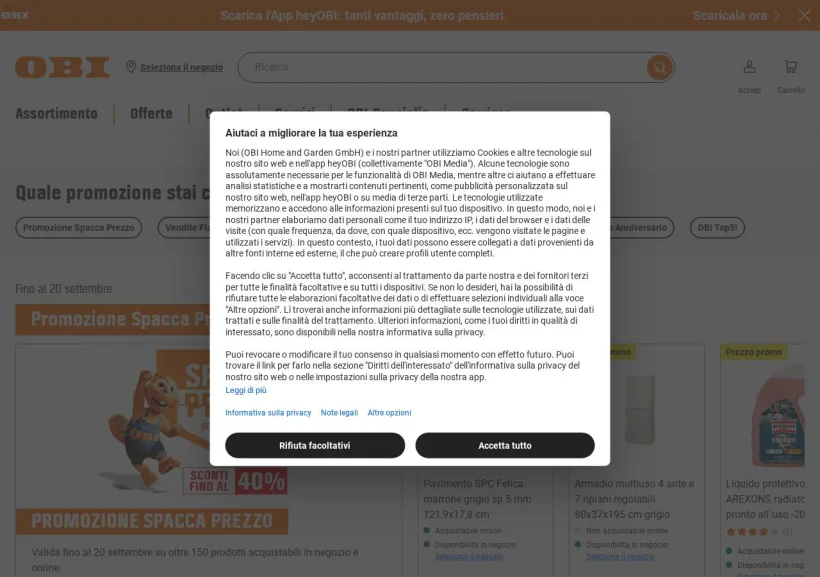Schermata della pagina offerta di OBI
