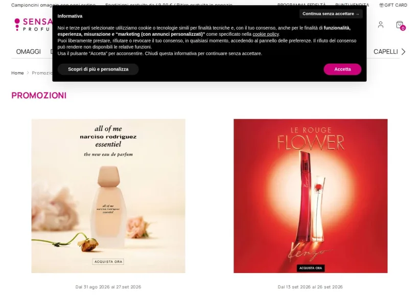 Schermata della pagina offerta di SensationProfumerie