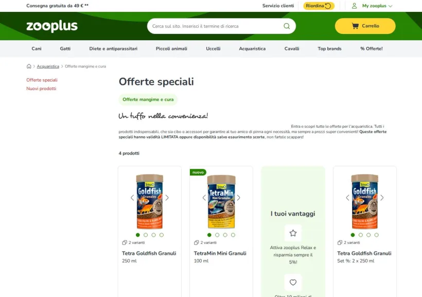 Schermata della pagina offerta di Zooplus