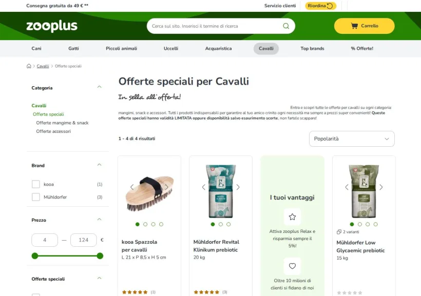 Schermata della pagina offerta di Zooplus