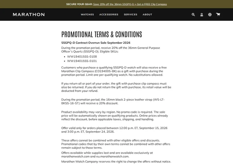 Schermata della pagina offerta di Marathon Watch