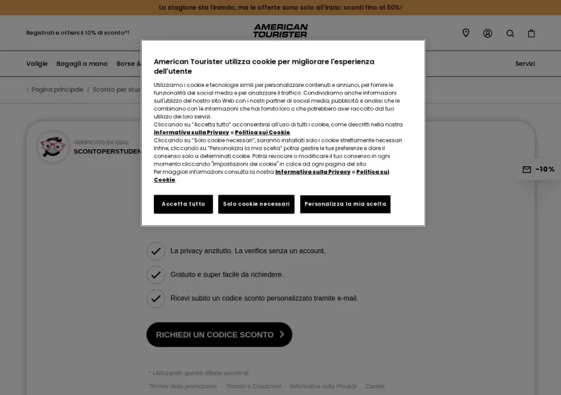 Schermata della pagina offerta di American Tourister