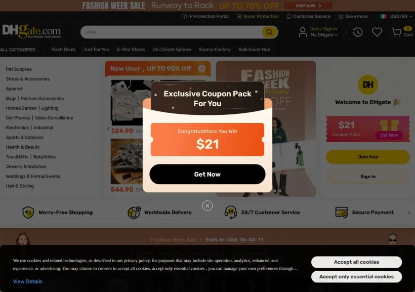Schermata della pagina offerta di DHgate