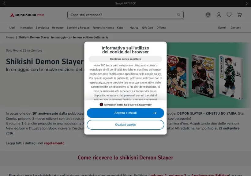 Schermata della pagina offerta di Mondadori Store