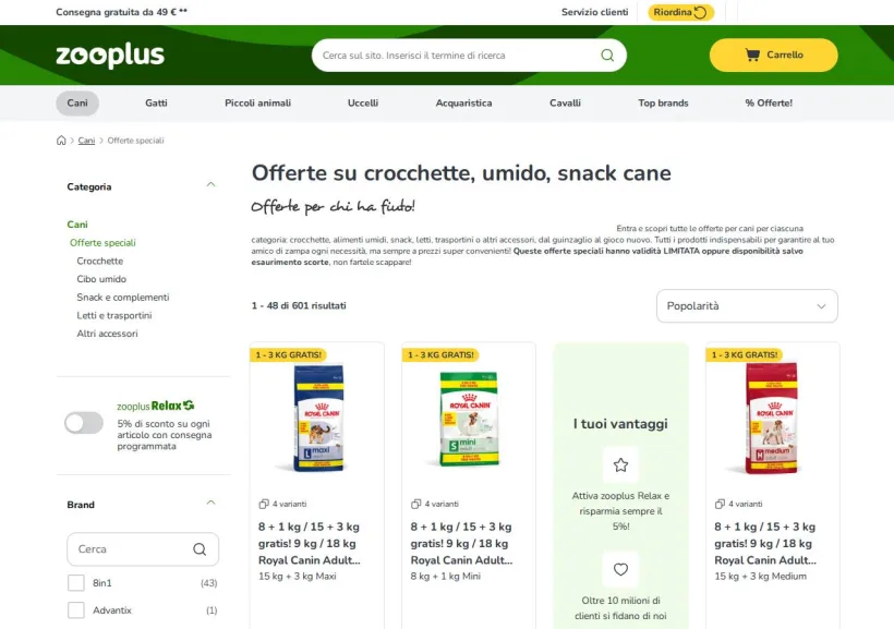 Schermata della pagina offerta di Zooplus