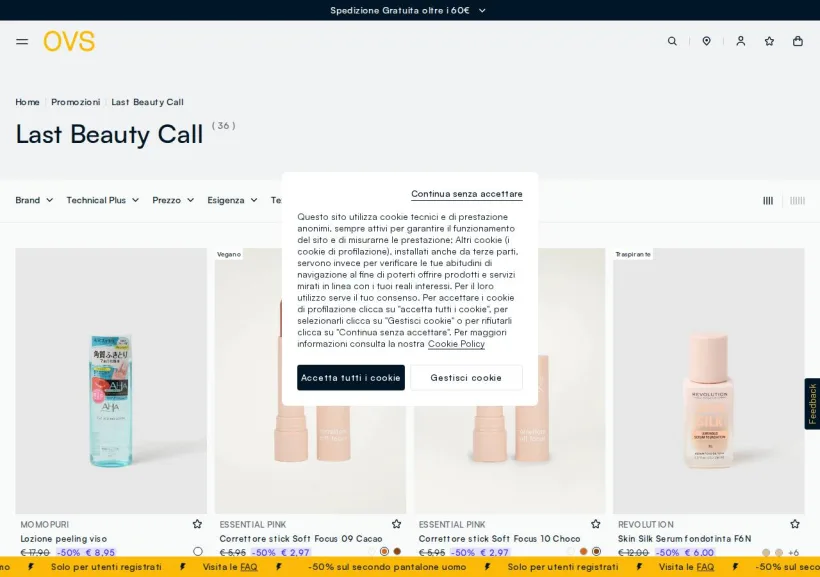 Schermata della pagina offerta di OVS