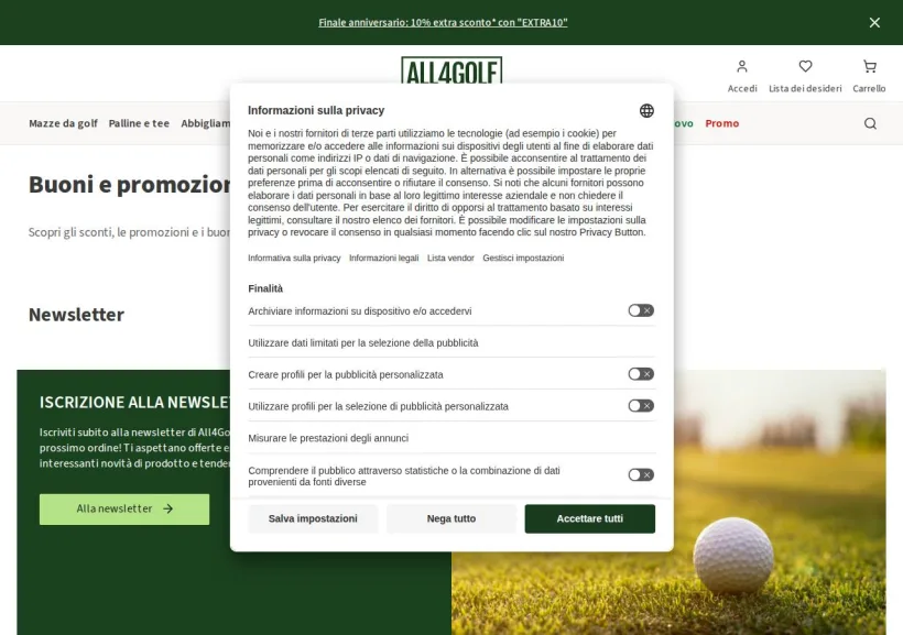 Schermata della pagina offerta di All4Golf