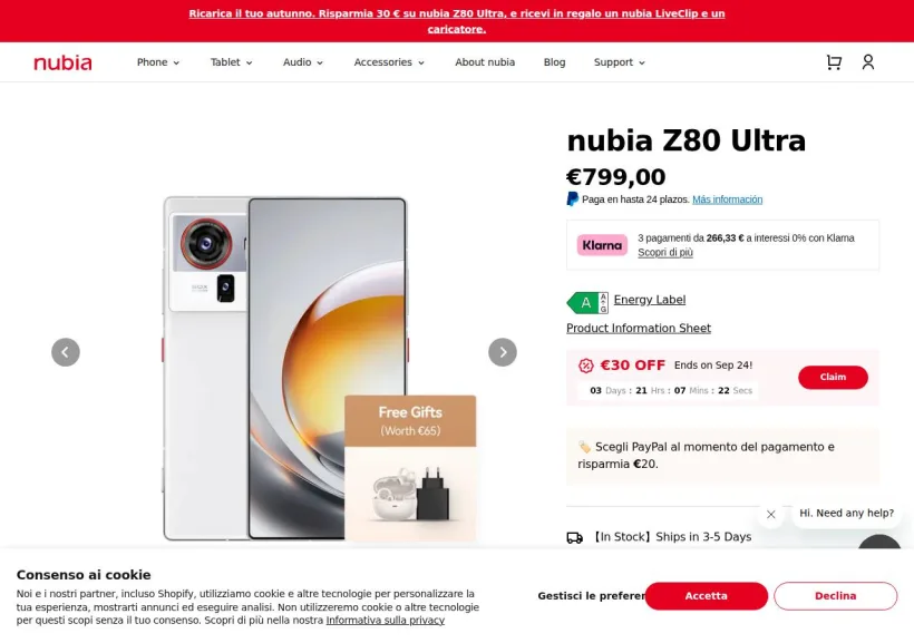 Schermata della pagina offerta di Nubia