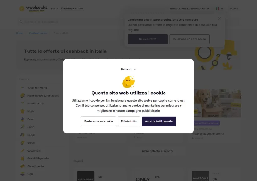 Schermata della pagina offerta di Woolsocks