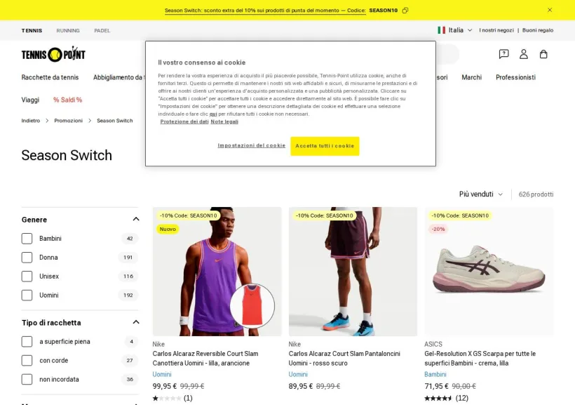 Schermata della pagina offerta di Tennis Point