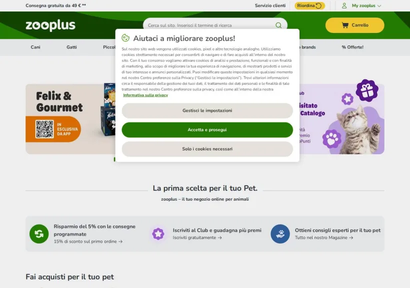 Schermata della pagina offerta di Zooplus