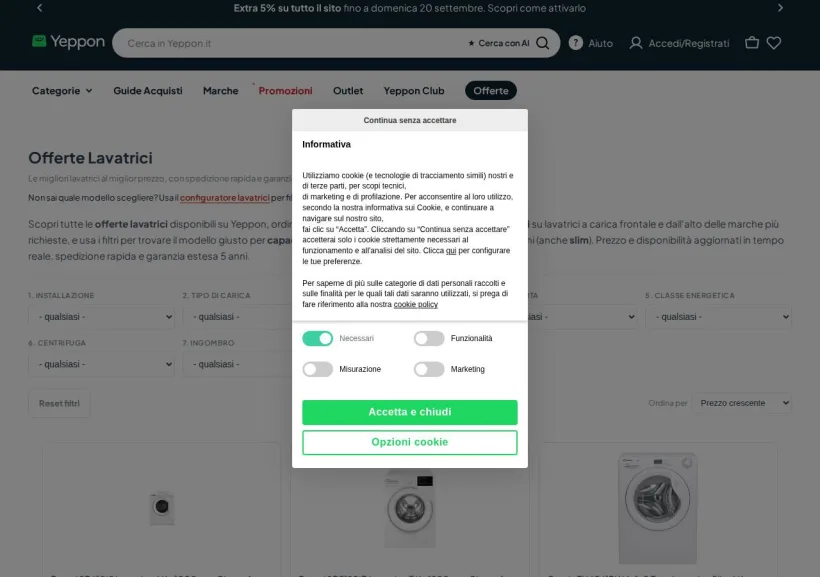 Schermata della pagina offerta di Yeppon