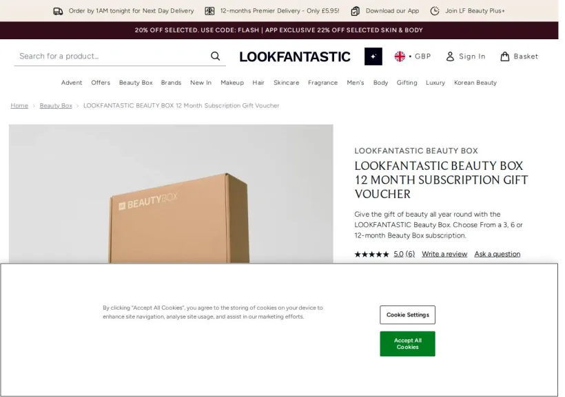 Schermata della pagina offerta di Look Fantastic