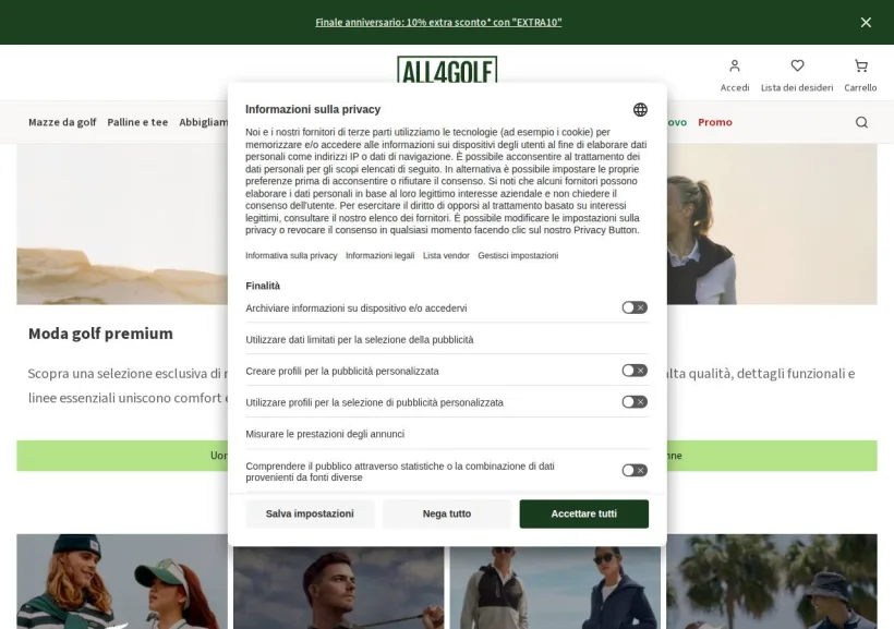 Schermata della pagina offerta di All4Golf
