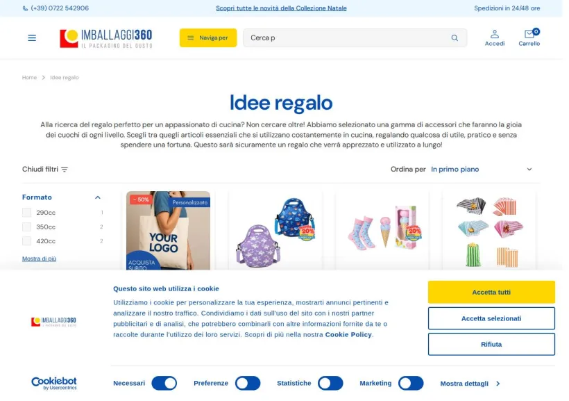 Schermata della pagina offerta di Imballaggi 360
