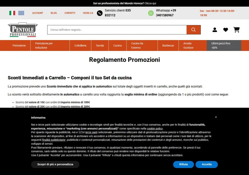 Schermata della pagina offerta di Pentole Professionali