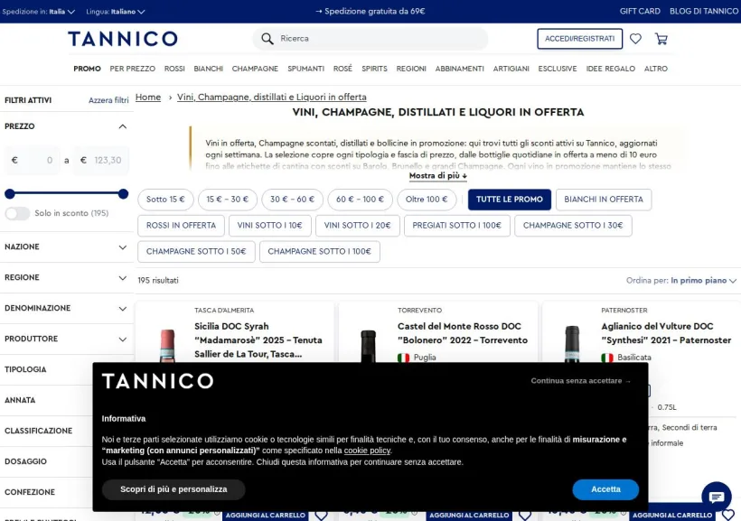 Schermata della pagina offerta di Tannico