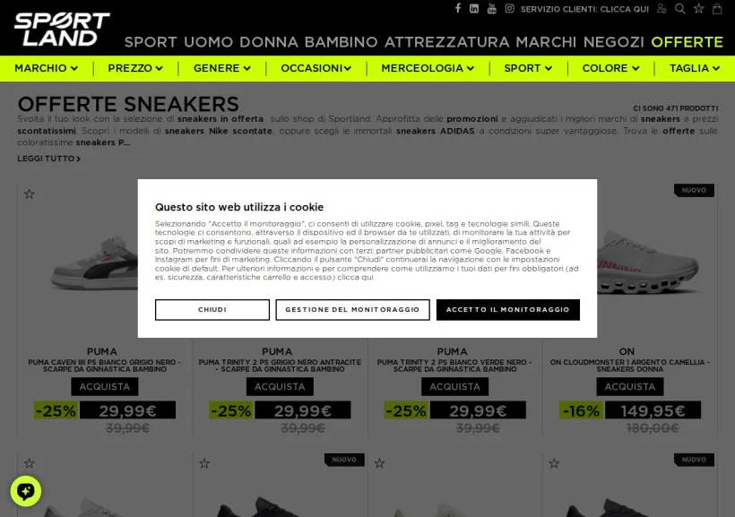 Schermata della pagina offerta di Sportland