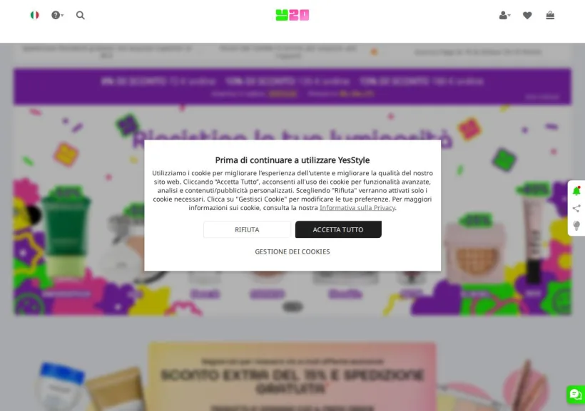 Schermata della pagina offerta di YesStyle