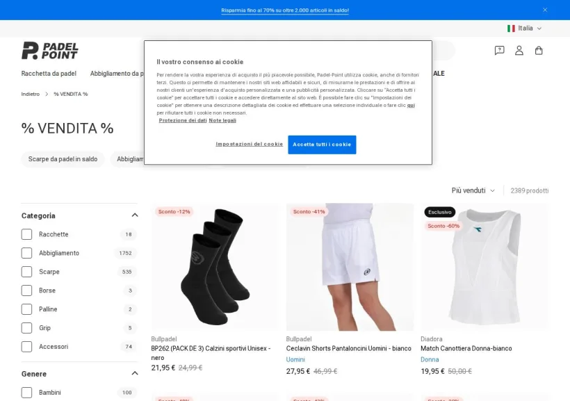 Schermata della pagina offerta di Padel-Point