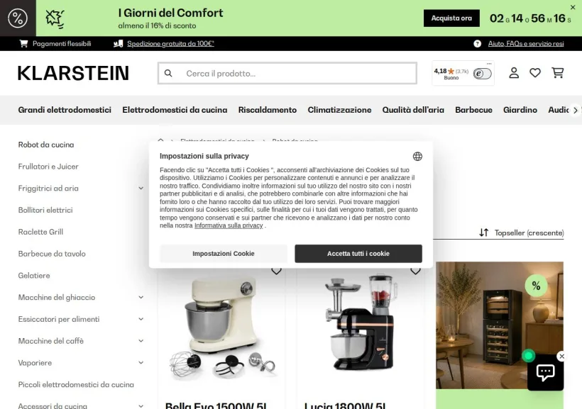 Schermata della pagina offerta di Klarstein