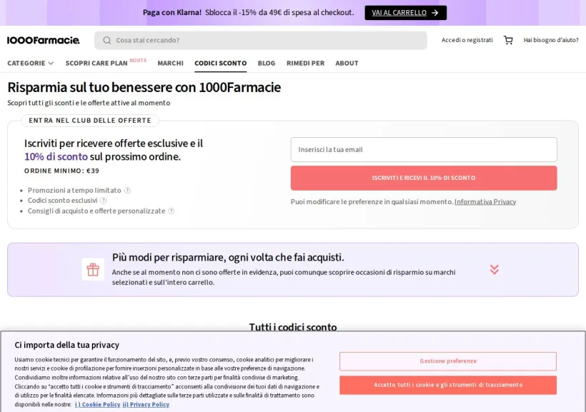 Schermata della pagina offerta di 1000Farmacie