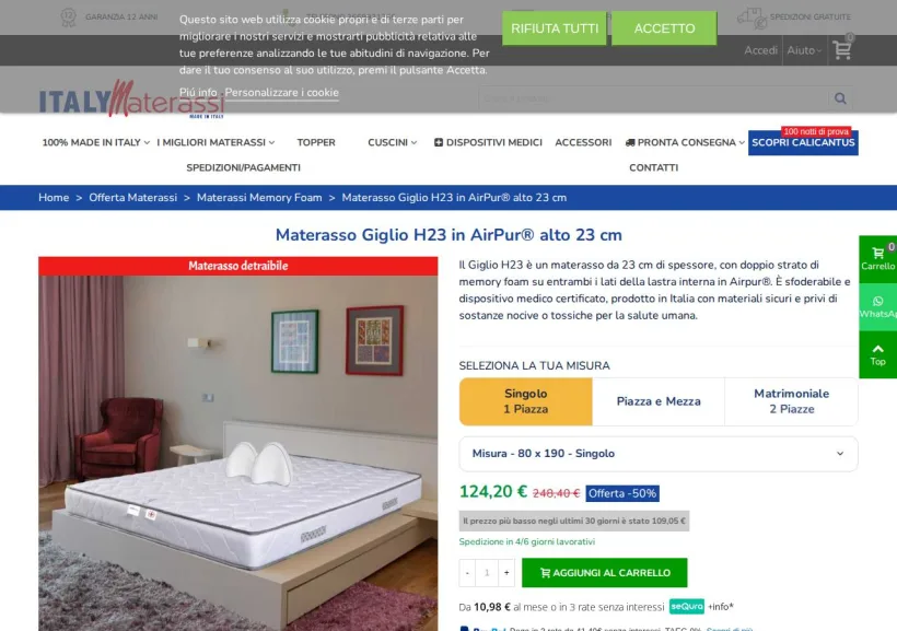 Schermata della pagina offerta di ItalyMaterassi