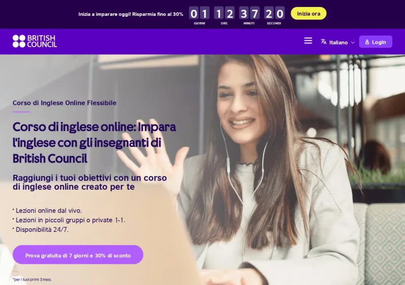Schermata della pagina offerta di British Council