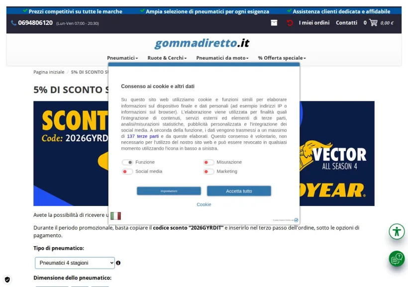 Schermata della pagina offerta di Gommadiretto