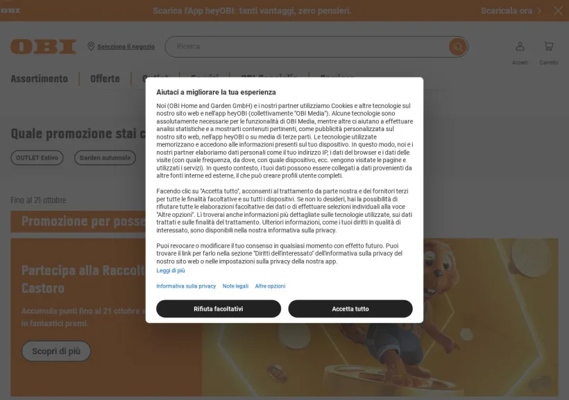 Schermata della pagina offerta di OBI Italia