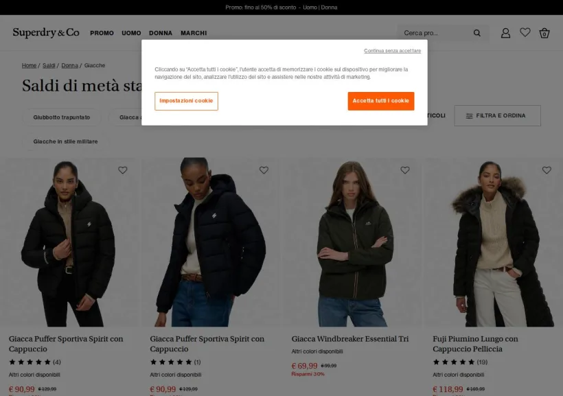 Schermata della pagina offerta di Superdry